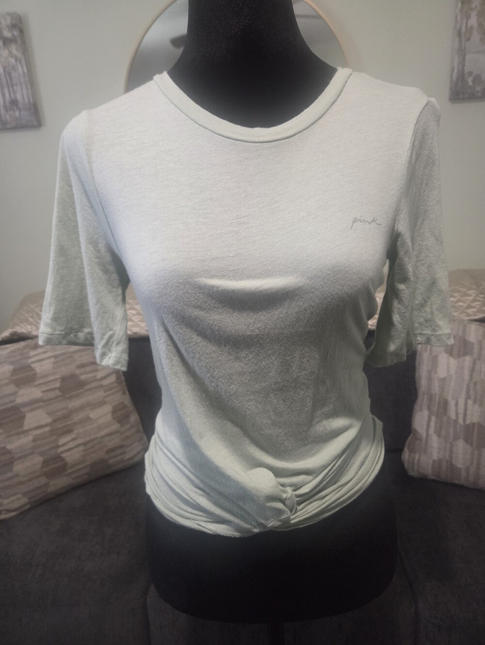 PINK Victoria's Secret Light Sage Knot-Front Crewneck Tee